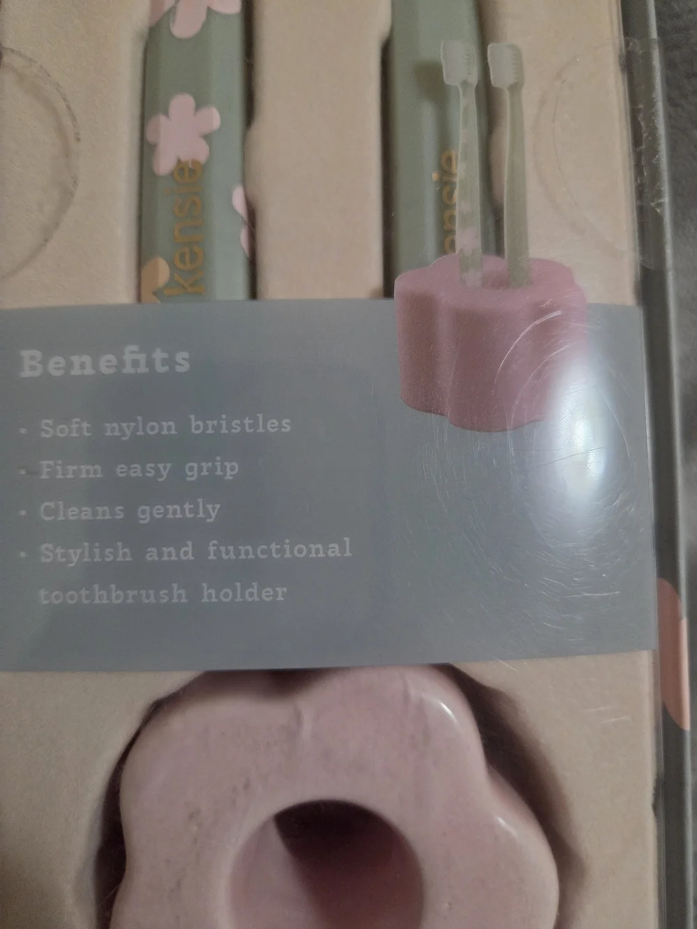kensie Pink Floral Toothbrush Set with Holder - Ultra Soft Bristles